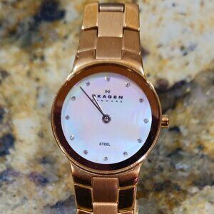 Skagen Rose Gold Colored Mother of Pearl Face with Gold Hands & Steel Markers